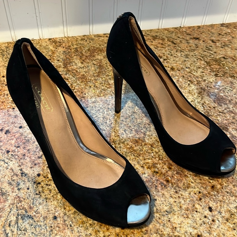 Coach Selma Suede Peep Toe Platform Heels Black Stiletto 4" Sz 7.5 B